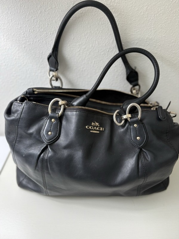 Coach Women’s Black Satchel Top Handle Bag Silver Hardware Zip Bottom Studs