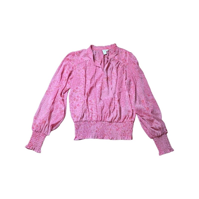 JOIE | Pink Floral Gold Metallic Semi Sheer Tie Neck Romantic Boho Blouse | M gallery