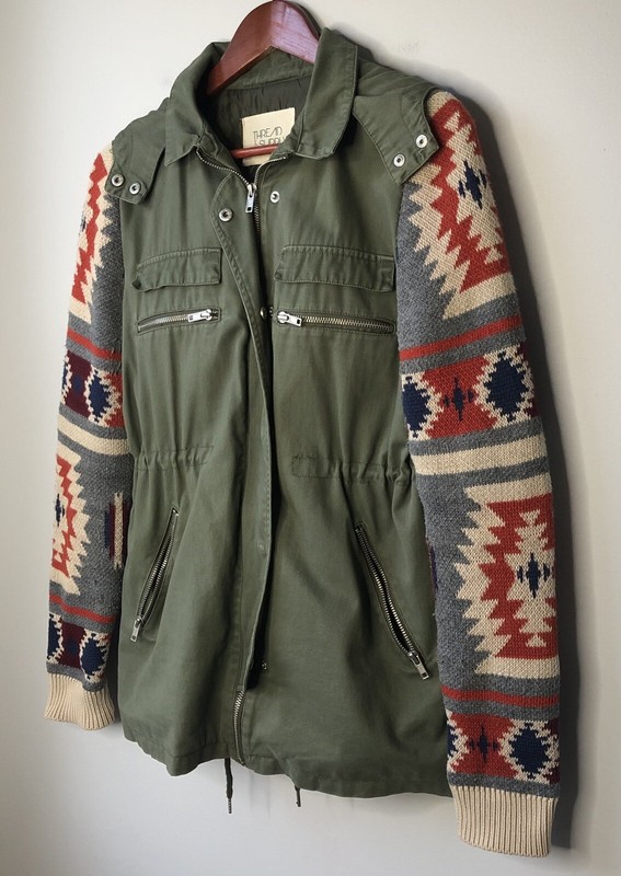 Thread & Supply Cargo Utility Jacket Knit Sleeves Aztec Hooded Lined Pockets S gallery