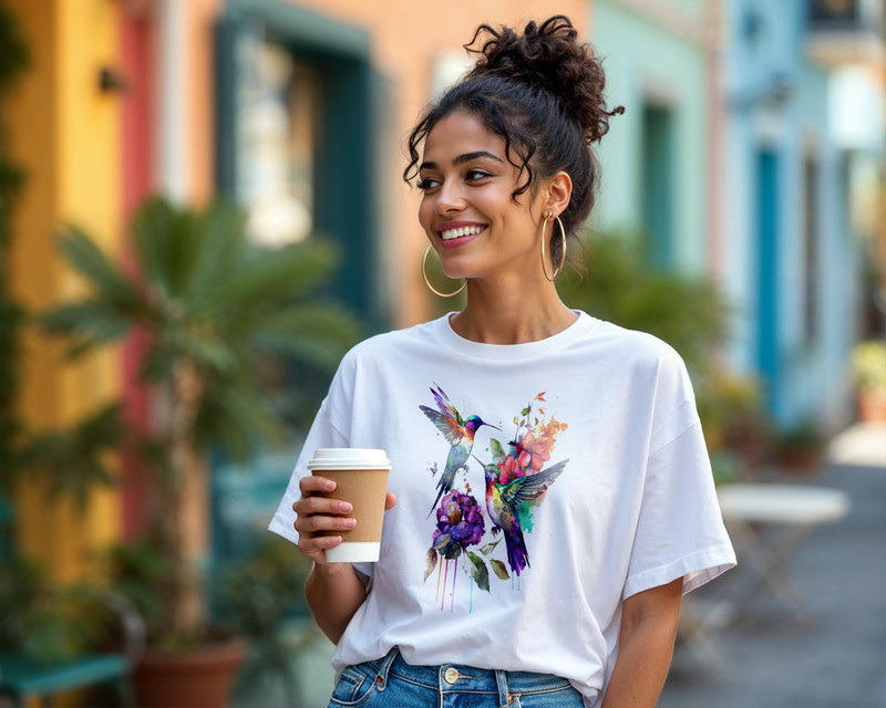 Watercolor Hummingbird Shirt – Colorful Floral Bird Art Tee A448 gallery