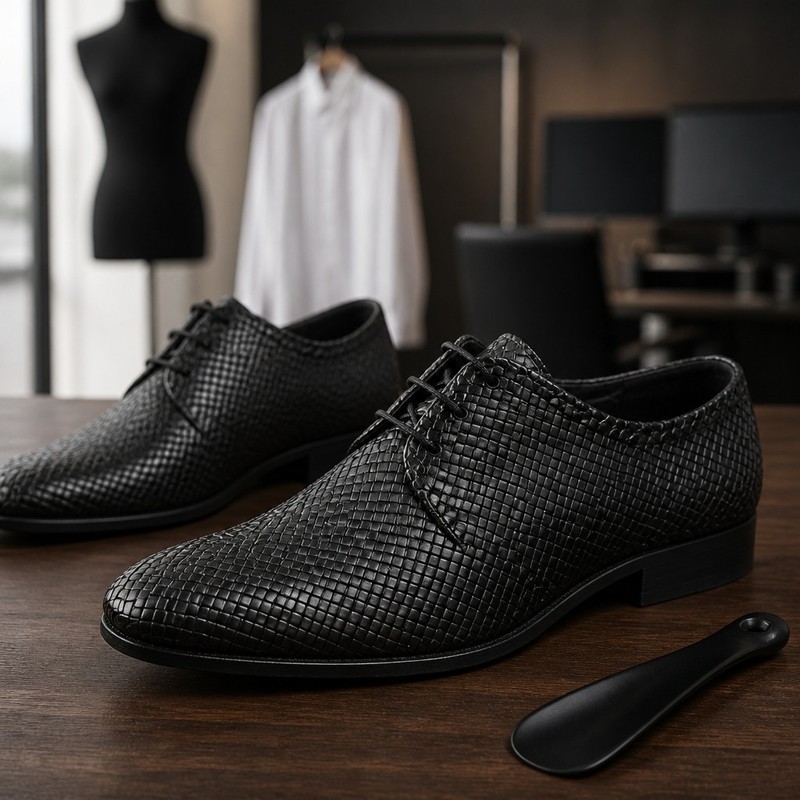 a. testoni Handmade Woven Leather Derby Shoes Black EU 8 Made in Italy