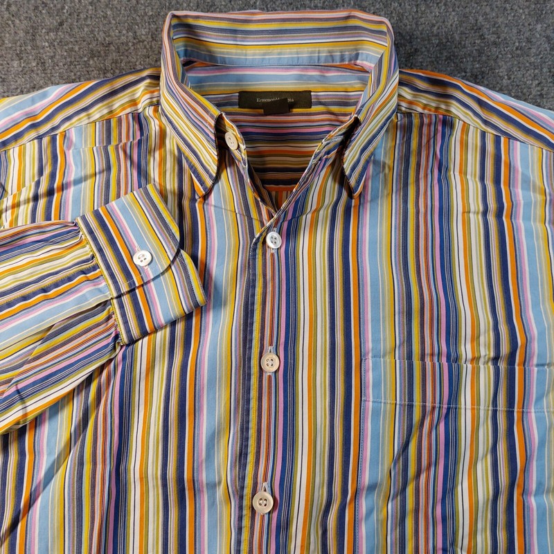 Ermenegildo Zegna Mens Shirt Large Multicolor Stripes Made in Italy 100% Cotton