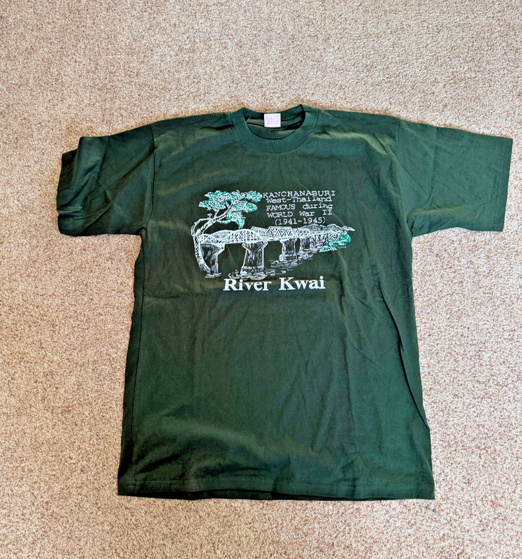Vintage Thailand Shirt Mens XL Green River Kwai Bridge WWII Travel Destination