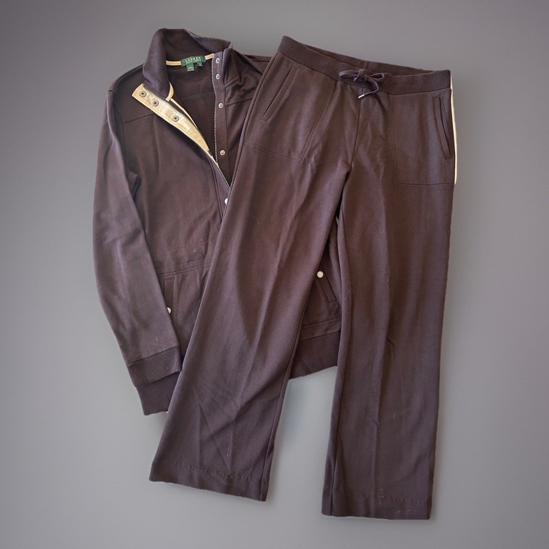 Lauren Ralph Lauren Cotton Lounge Set Zip Snap Jacket Draw String Pants Size M gallery