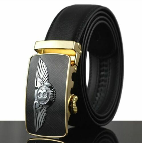 Limited Edition Mens Black Leather Belt with Bentley Jaguar Gold Silver Buckle