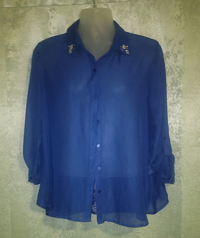 BONGO Women's Blue Solid Sheer Lace Button-Up Collared 3/4 Sleeve Blouse L/G gallery