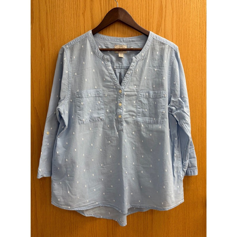 G.H. BASS Boho Coastal Casual Lt. Blue Polka Dot Tunic Peasant Blouse Cotton XL