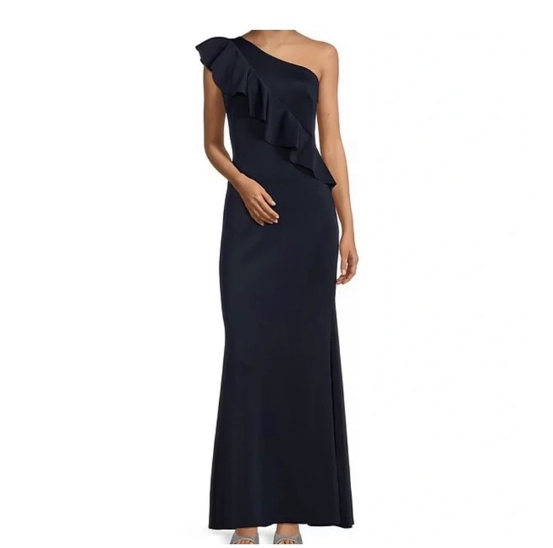 Jessica Howard Navy One Shoulder Ruffle Gown Size 16