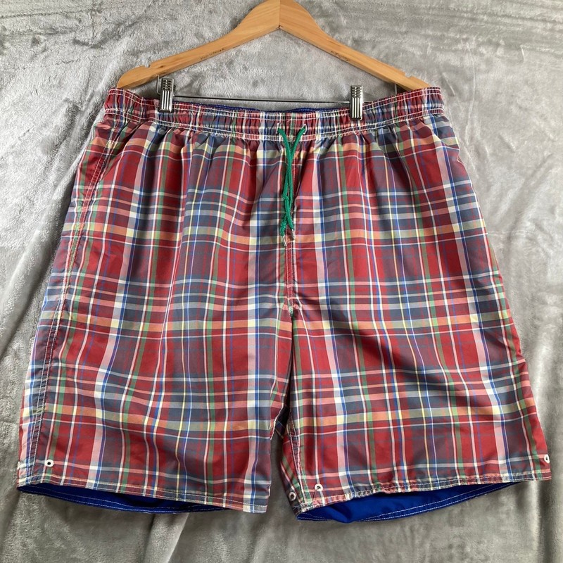 Mens Reversible Plaid and Solid Blue Swim Trunks Board Shorts Multicolored