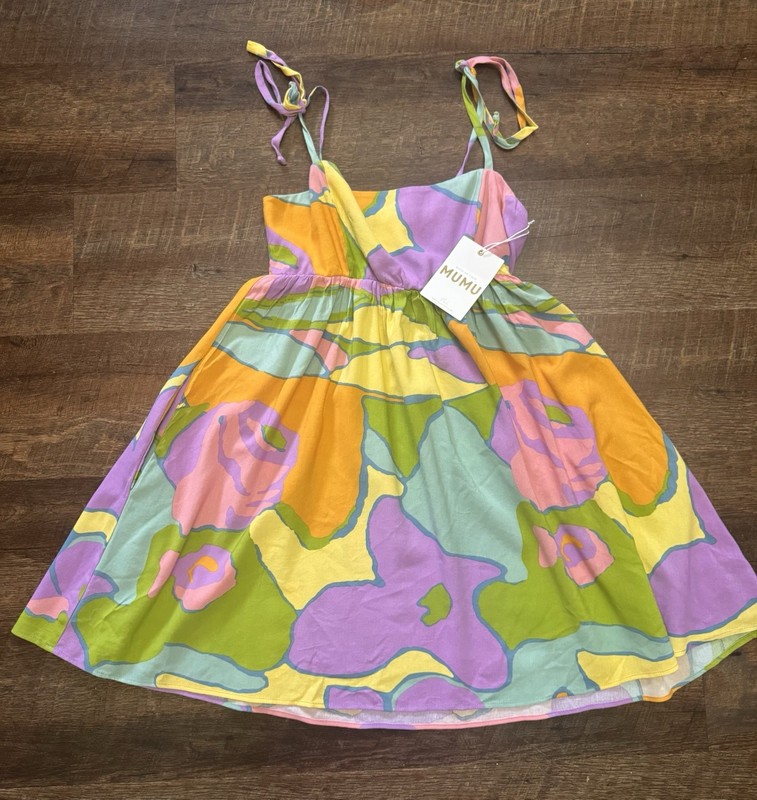 NWT Show Me Your Mumu Tie Strap Mini Dress Size Medium Colorful Cottagecore Boho