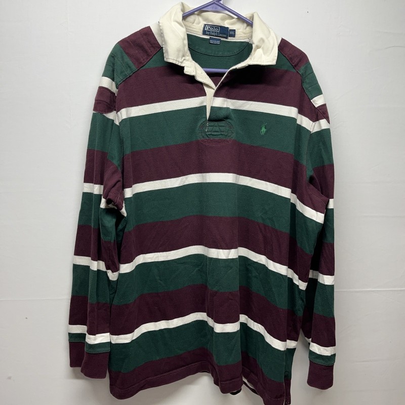 Polo By Ralph Lauren Rugby Striped Green White Burgundy Elbow Shoulder Patches