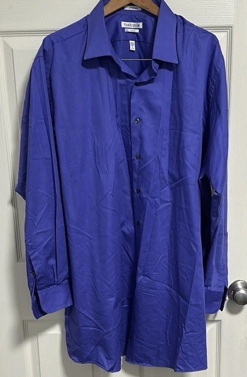 Van Heusen Lux Sateen Blue Solid Point Collar Dress Shirt Tall 19 35/36