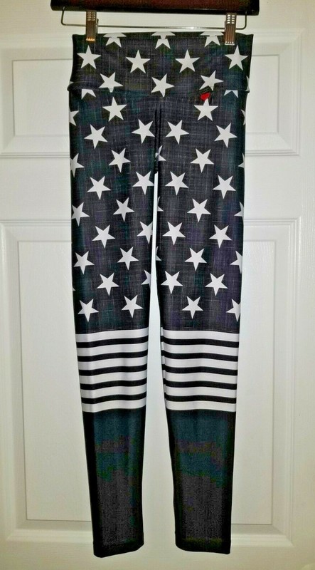 FIT MAMA Black White Stars & Stripes American Love Leggings SMALL 4/6 Yoga Gym