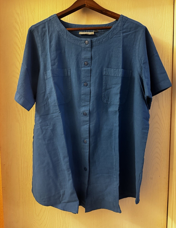 Woman Within Blue Cotton Woven Button Front Short Sleeve Round Neck Blouse 18/20