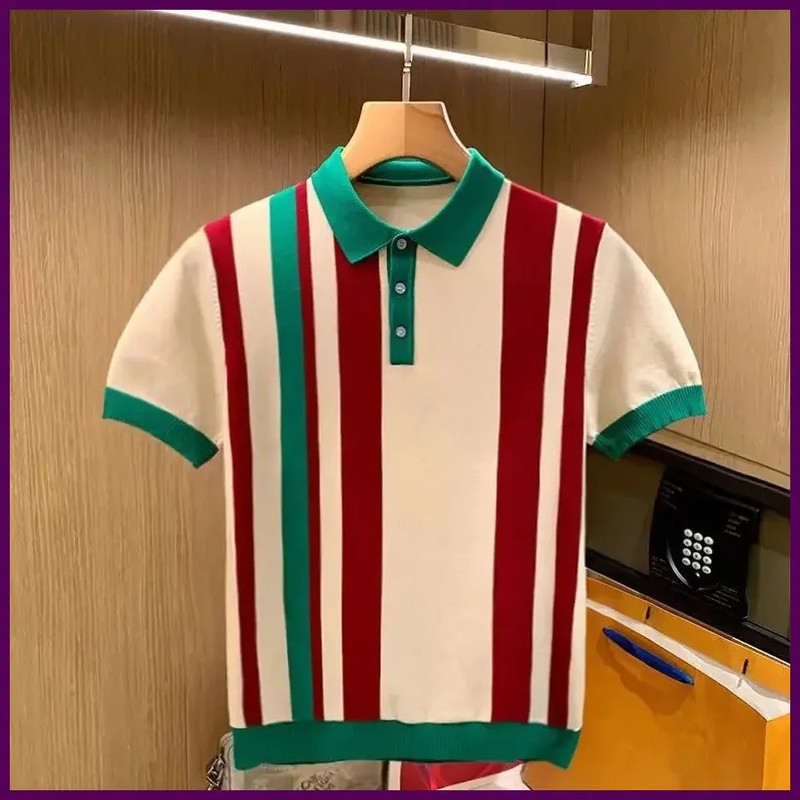 British Luxury Men's Fashion Slim Fit Knit Polo Shirt Casual Style Vertica