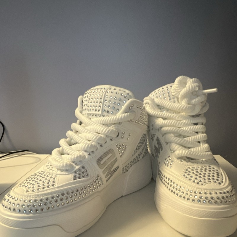 Olivia Miller White Silver Studded Textile High Top Lace Up Athletic Sneaker