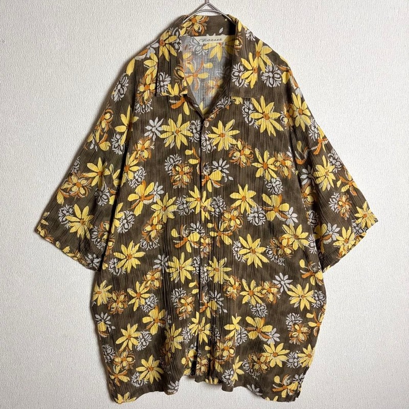 90s Rayon Linen Open Collar Shirt XL Retro Floral All Over Print Mens Hawaiian