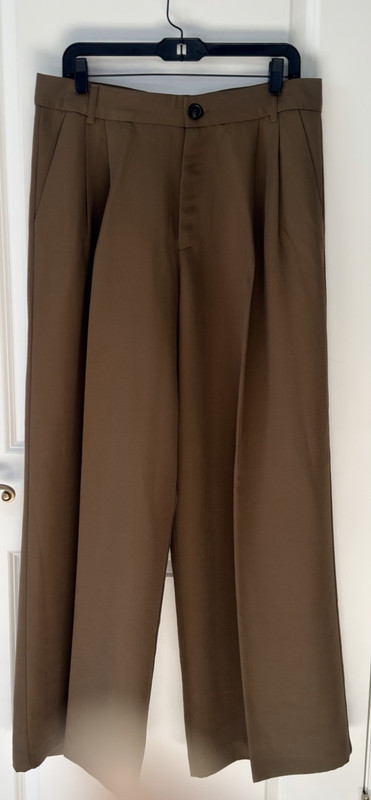 Zara Women’s Olive Green Wide Leg Trousers Zip Button Hook- Eye Waist Size L
