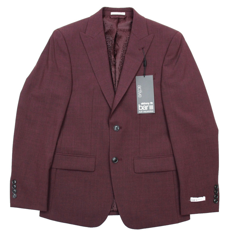 Bar III Suit Jacket 40 L Mens Skinny Fit Burgundy Red Wool Peak Two Button NWT