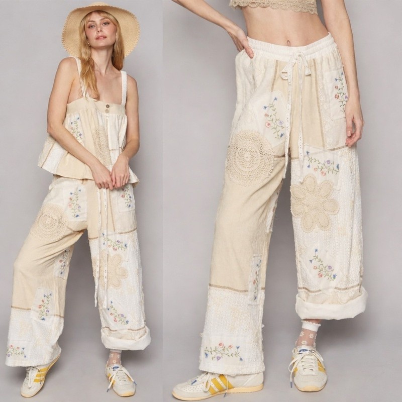POL "Deacon" Patchwork Boho Embroidered Wide Leg Pants in Ivory White Plaid Sz S gallery