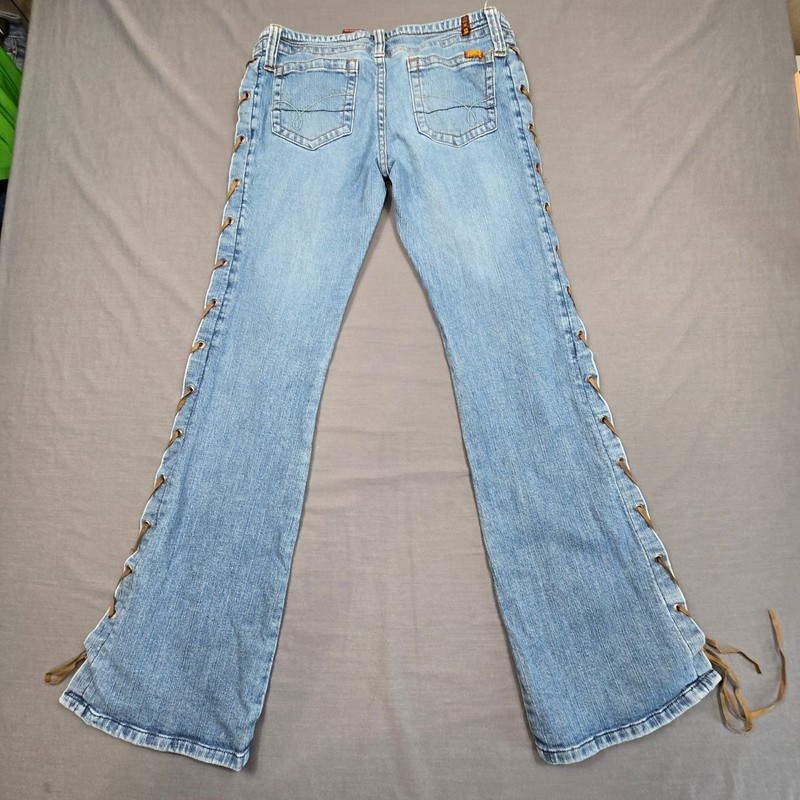 Vintage Y2K 90s Bongo Size 7 Lace-Up Low Rise Flare Jeans Festival Denim Boho gallery