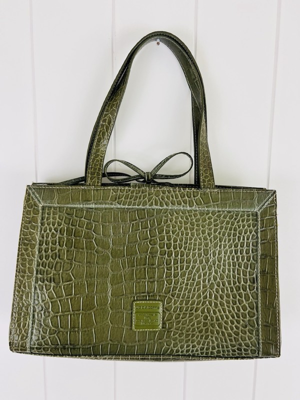 Vintage Liz Claiborne Olive Green Crocodile Embossed Shoulder Bag Bow Accent