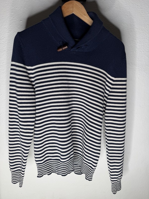 Celio Atelier Navy White Striped Shawl Collar Sweater Mens Size S NWT Cotton