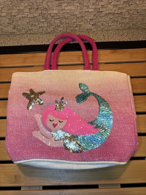 Mud Pie Pink Mermaid Tail Dazzle Starfish Beach Bag Tote Sequin