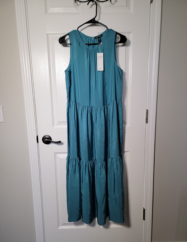 Eileen Fisher Women’s River Blue Washed Silk Tiered Long Dress Small NWT $358