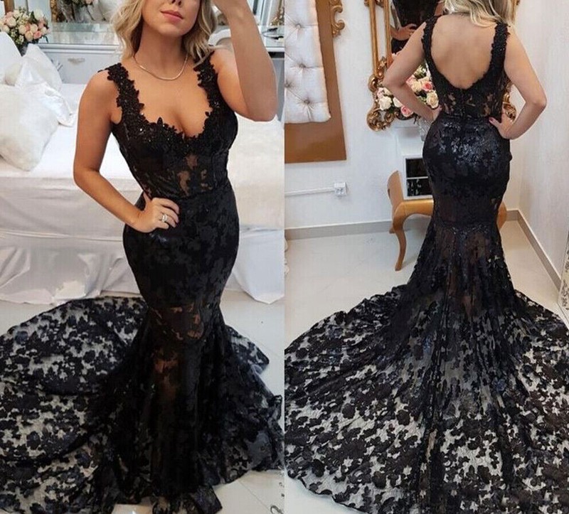 Black Mermaid Wedding Dress Gothic Style Lace Appliques Bridal Gowns Sweep Train