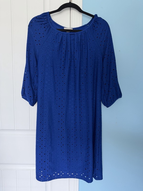 London Times Size 12 Blue Eyelet Shift Dress, 3/4 Sleeve, Knee Length