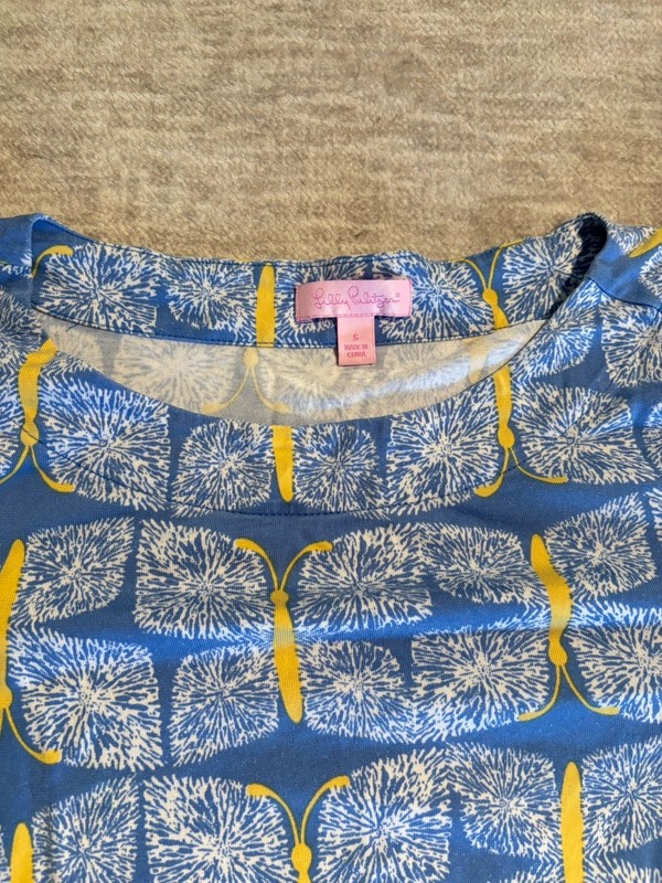 Lilly Pulitzer Women’s Blue Yellow Floral Shift Dress S/S Round Neck Short S gallery