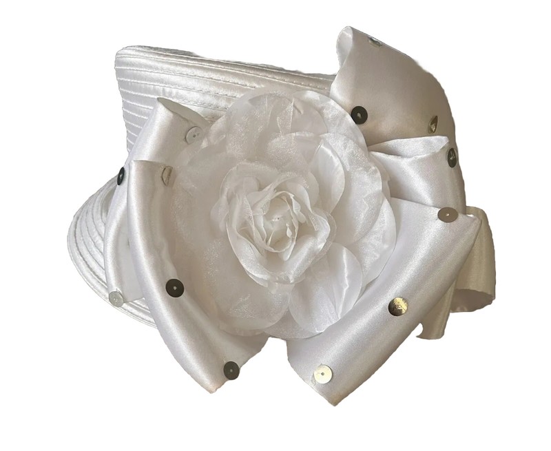 White Satin Pillbox Hat with Large Rose Bow Sequins Church Wedding Derby Hat