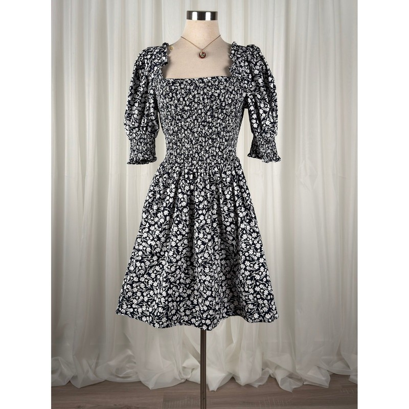 MSK Smocked Floral Puff Sleeve Mini Dress Cottagecore Prairie Navy White Size L