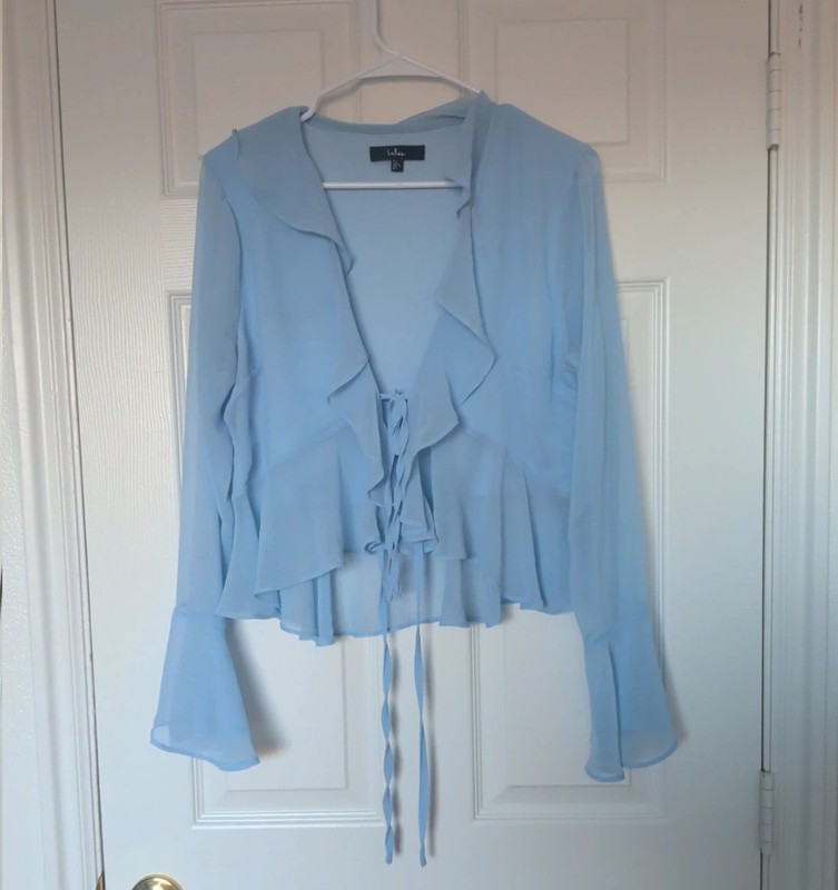 Lulus Blue Chiffon Semi-Sheer Ruffle V-Neck Tie-Front Bell Sleeve Blouse L gallery