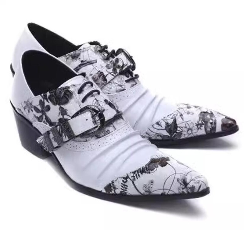 British Men Pointy Toe Printing Dress Real Leather Floral Business Causual Shoes