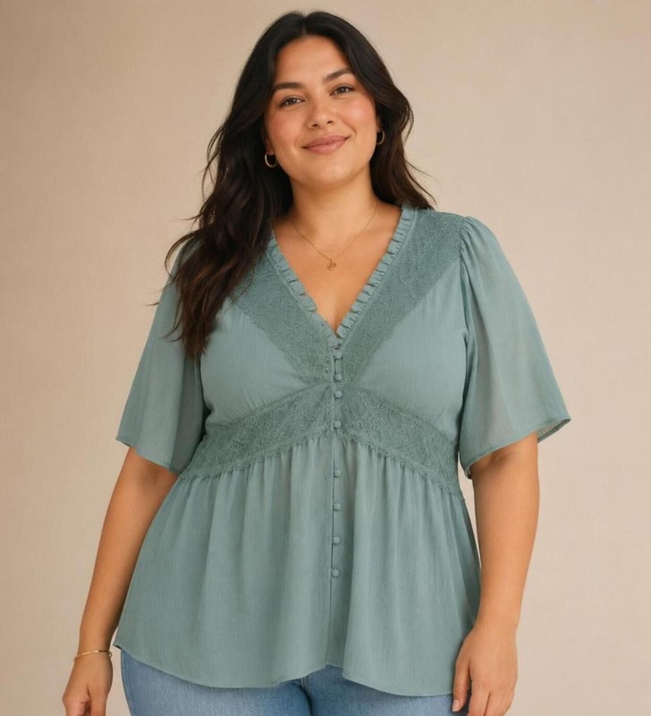 Torrid Plus Size 3 Turquoise Lace Trim Sheer Sleeve Button Front Blouse