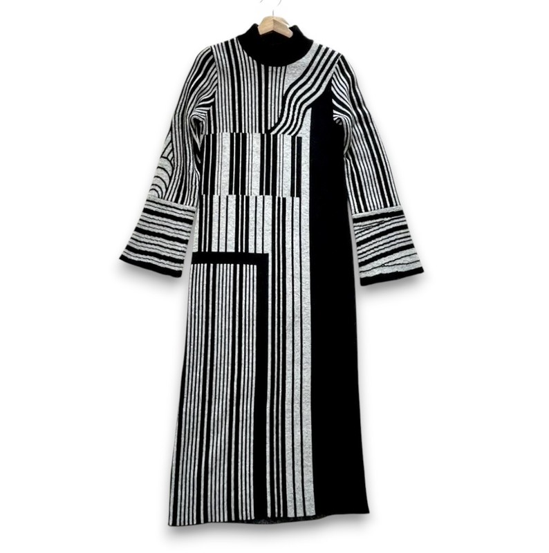Mame Kurogouchi Multi Stripe Jacquard Knit Dress High Neck Black White Auth