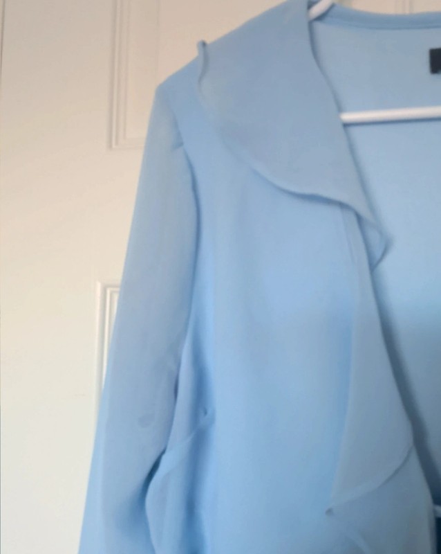 Lulus Blue Chiffon Semi-Sheer Ruffle V-Neck Tie-Front Bell Sleeve Blouse L gallery
