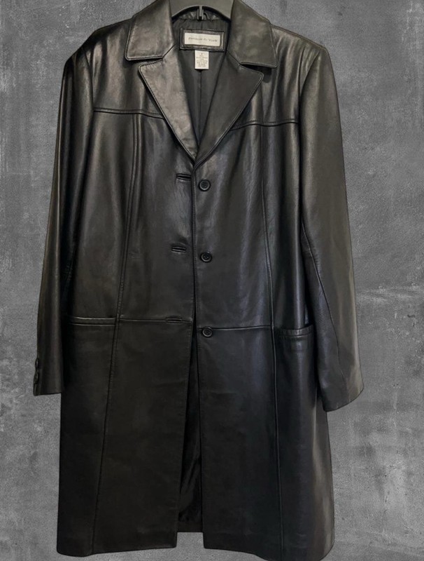 Preston & York Black Leather Long Overcoat Button Front Spread Collar Lined
