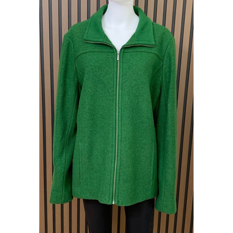 Lands End Green Wool Blend Full Zip Jacket Stand Collar Size 18 Boiled Wool