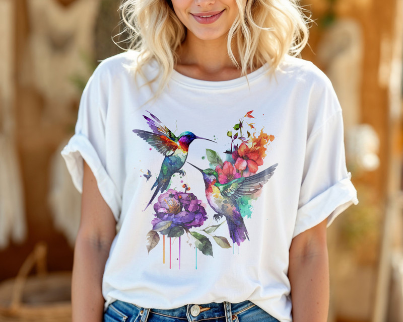 Watercolor Hummingbird Shirt – Colorful Floral Bird Art Tee A448 gallery