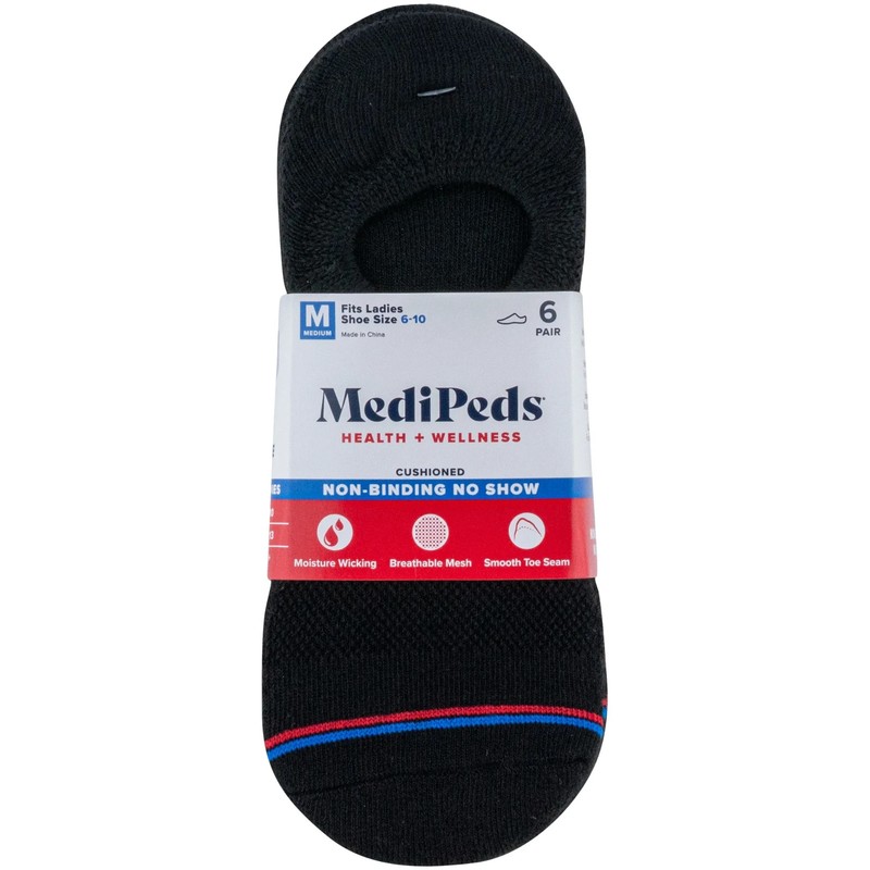 MediPeds Women’s Black Half Cushion No Show Socks 6 Pairs shoe size 10-13