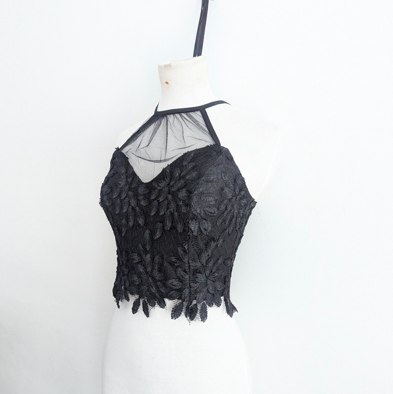 River Island Black Lace Halter Neck Crop Top Sheer Mesh Floral Bralette Size 6