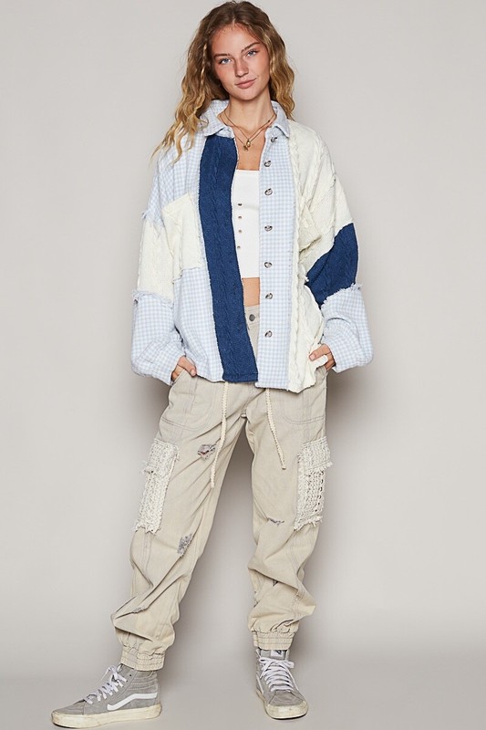 POL Clothing Textured Cable Knit Button Front Jacket in Sky Blue/Cream