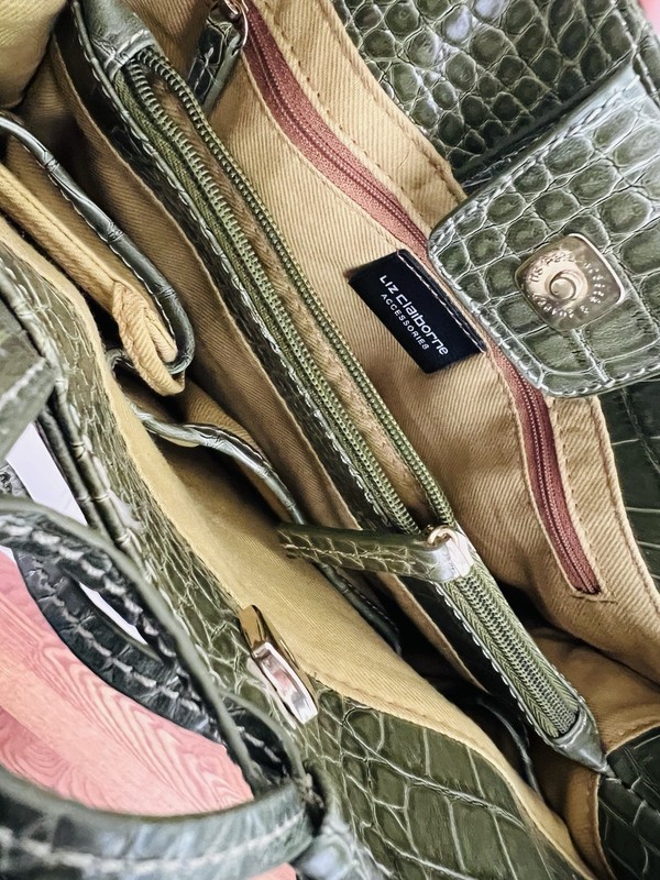 Vintage Liz Claiborne Olive Green Crocodile Embossed Shoulder Bag Bow Accent gallery