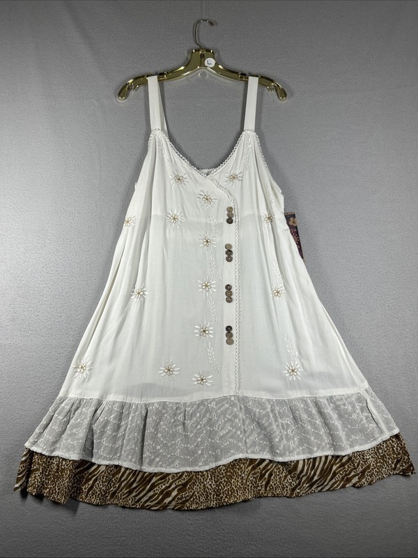 Raya Sun Women’s Size L Boho Embroidered Sundress Lace Trim Hand Wash Beige 38”