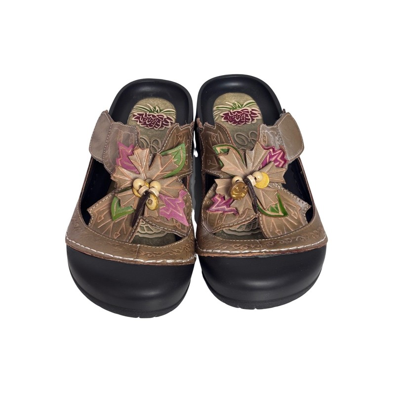 Elite by Corkys Womens Leather Floral Leaf Slide Sandals Mules Sz 7 Boho Festive