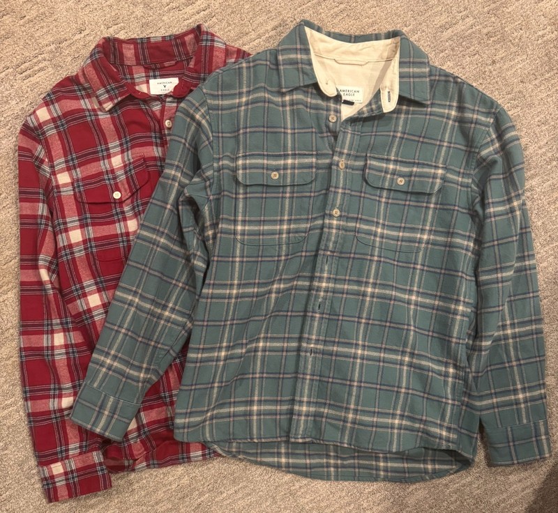 American Eagle Flannel Shirt Bundle Men’s M & S Plaid Button Up Shacket Red Blue