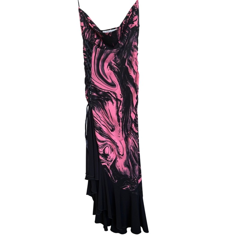 Janine Pink Black Marble Swirl Asymmetric Ruffle Cowl Neck Midi Dress Small Y2K gallery